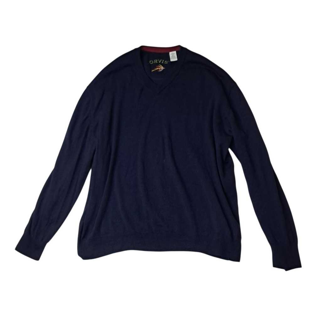 Orvis Sweater Mens XXL Navy Blue 100% Merino Wool V-Neck Pullover Classic